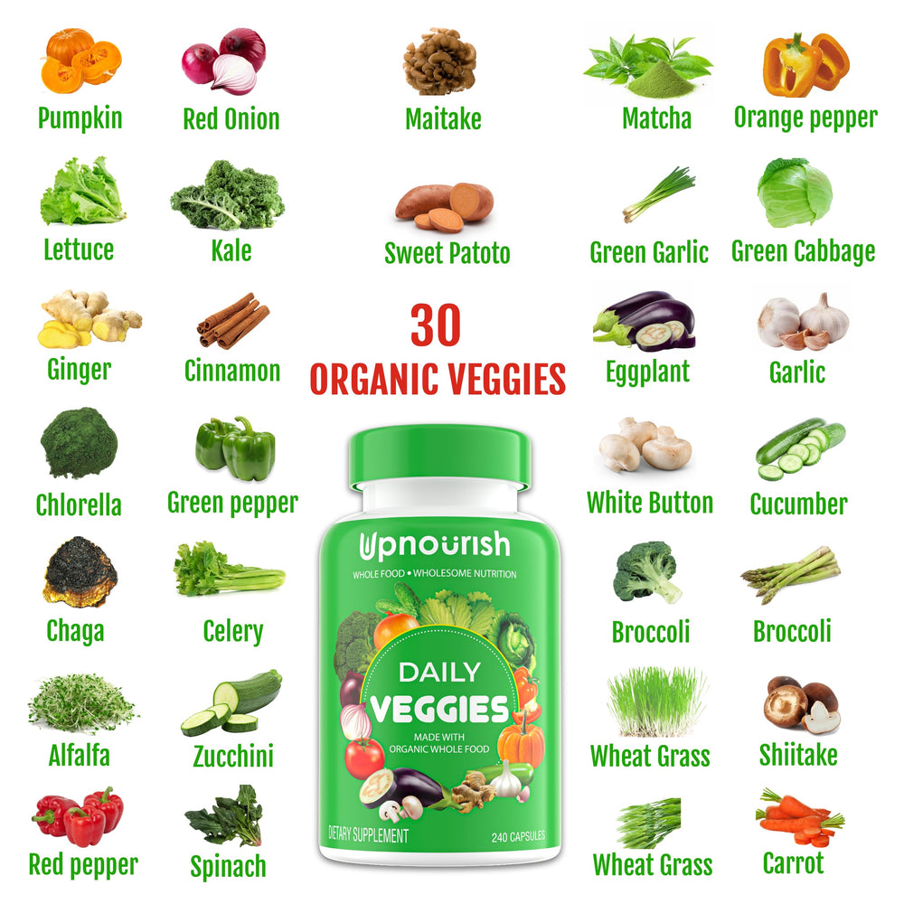 UpNourish ingredients label highlights 61 organic fruits and vegetables for wholesome phytonutrients.