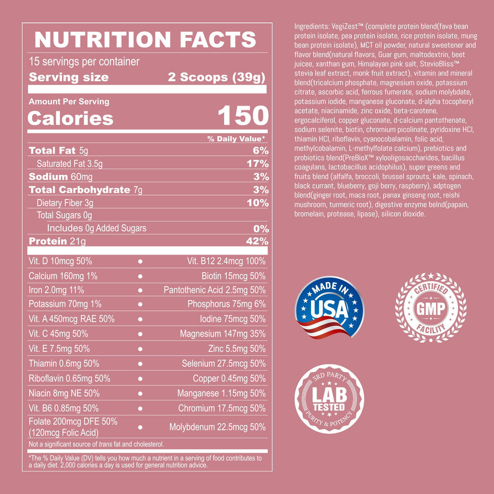 UpNourish nutrition facts label closeup, showing 21g protein per serving.