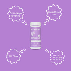 UpNourish vegan-certified label emphasizes non-GMO and gluten-free features.