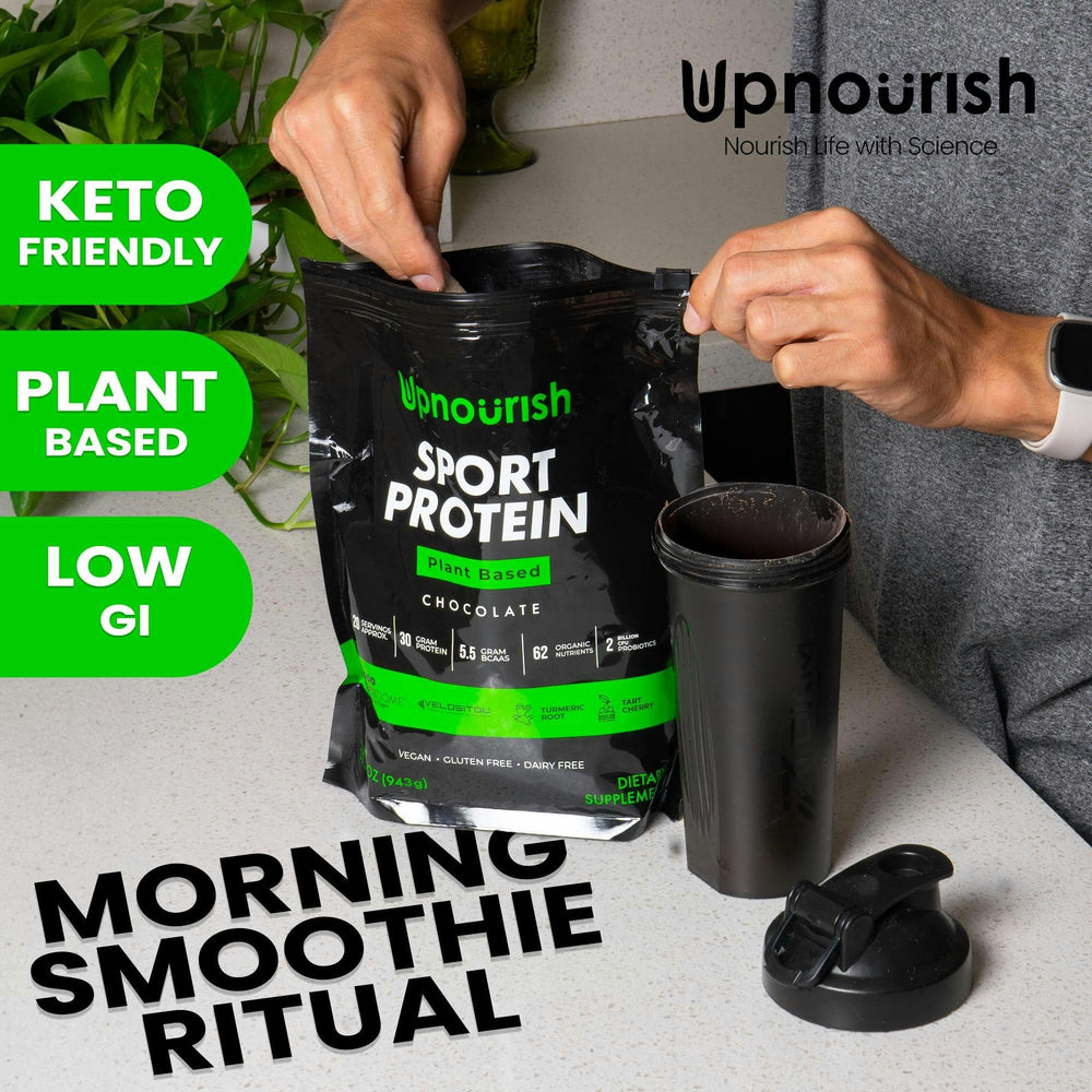 UpNourish vegan protein powder scoop demonstrates precise serving for workouts.