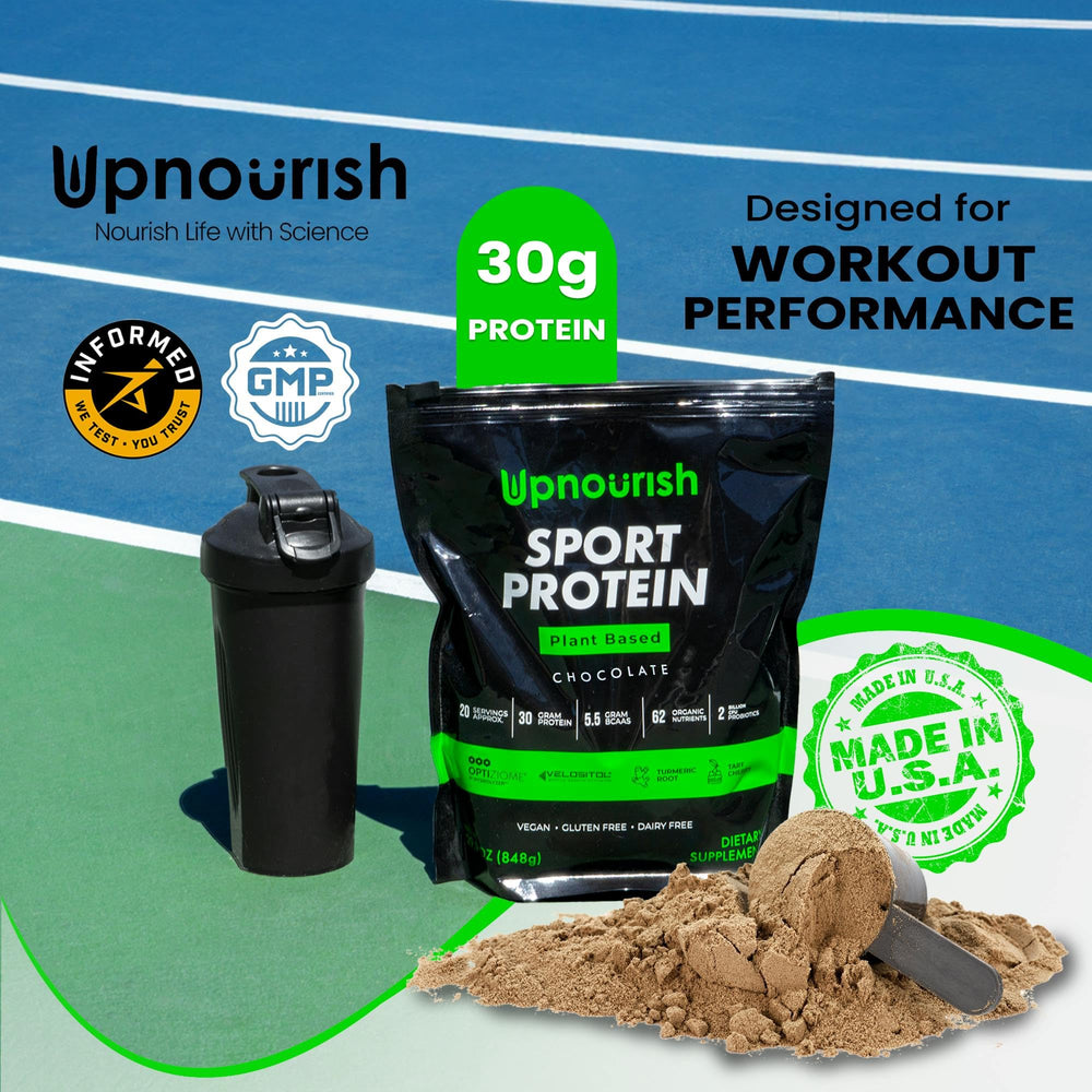 UpNourish vegan sport protein powder chocolate label close-up highlights VELOSITOL and BCAAs.