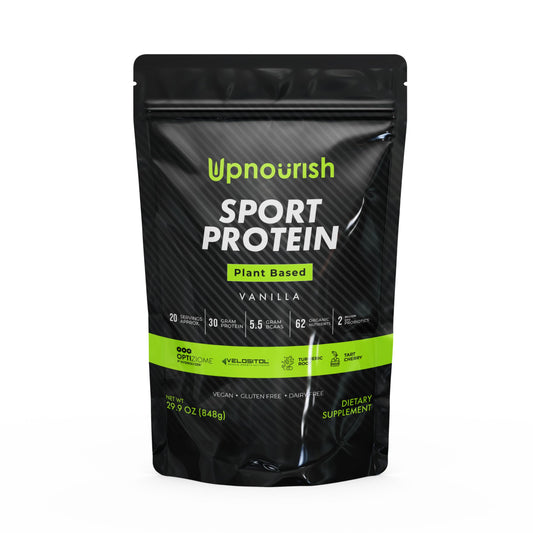 UpNourish Vegan Sport Protein Vanilla bottle pouring for quick post-workout fueling.