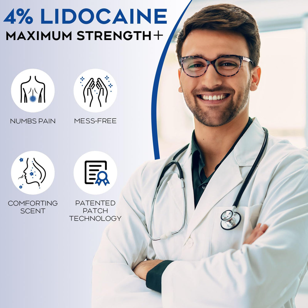 Uposiut Lidocaine 4% patches on neck offer discreet, all-day comfort potential.
