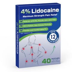 Uposiut Lidocaine 4% patches packaging showing long-lasting, targeted relief option.
