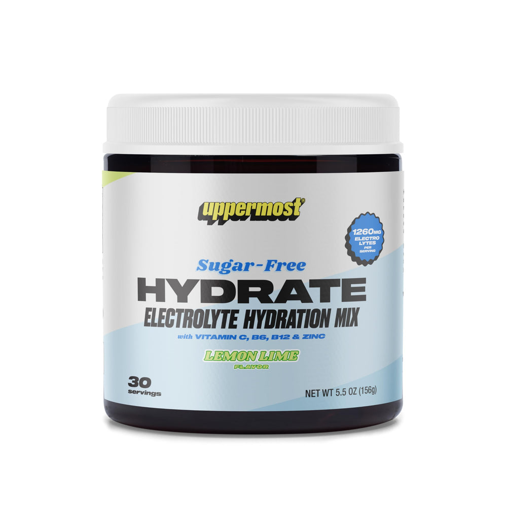 Uppermost Hydrate front packaging highlights zero sugar hydration for daily balance.