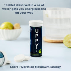 Slim tube packaging of Uppy! electrolyte tablets ideal for packing in gym bag