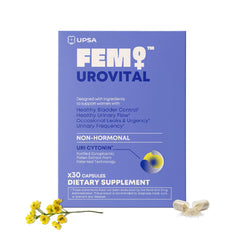Upsa FEM Urovital bottle pouring to show easy daily use for bladder comfort.
