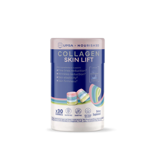 Upsa Nourished Collagen bottle with capsules for daily skin support.