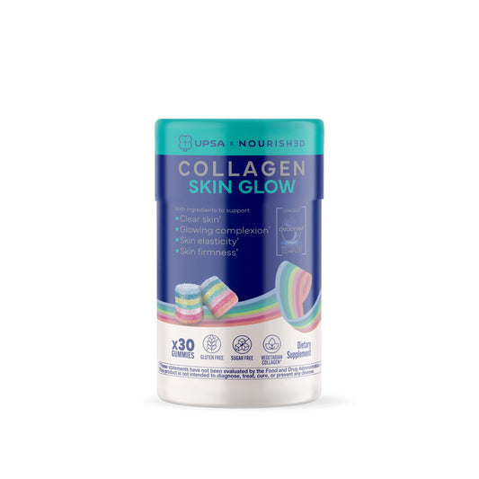 Upsa Nourished Collagen Skin Glow bottle shows a vitamin-rich blend for supporting elastic skin.