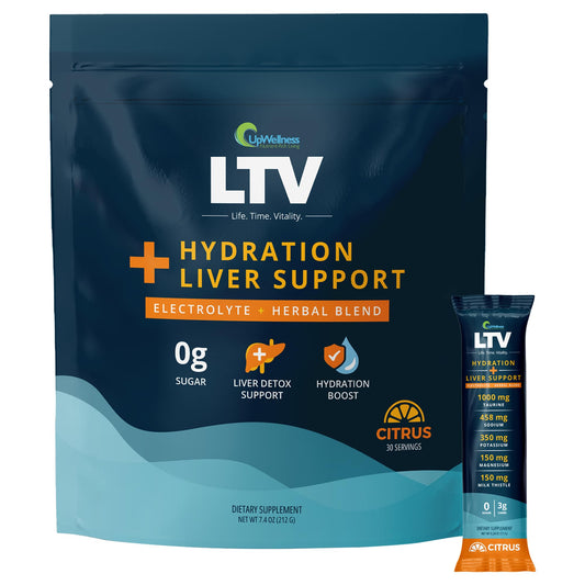 UpWellness LTV liver hydration packets pour into a glass for quick hydration.