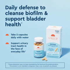 Uqora Defend label packaging showcases product details and gluten-free formulation.