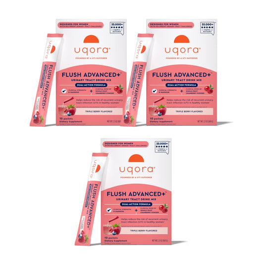 Uqora Flush Advanced+ cranberry powder packet supports daily urinary health.