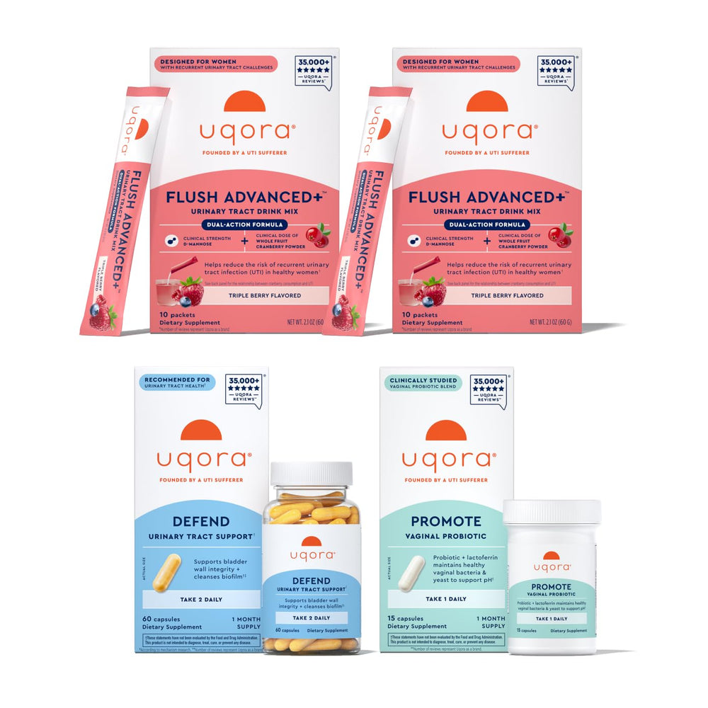 Uqora Flush Advanced+ drink mix in glass highlights cranberry formula for urinary wellness.