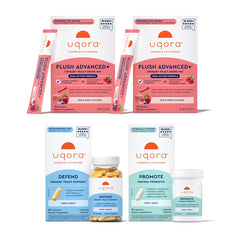 Uqora Flush Advanced+ drink mix in glass highlights cranberry formula for urinary wellness.