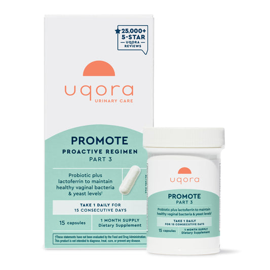 Uqora Promote bottle front view with capsules, suggesting vaginal health support