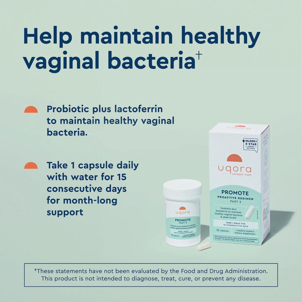Uqora Promote probiotic label close-up, vaginal health support.