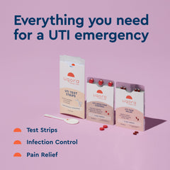 Uqora UTI Emergency Kit package close-up shows all components.