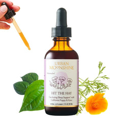 Urban Moonshine Hit The Hay bottle pour showing fast-acting relaxation before bed.