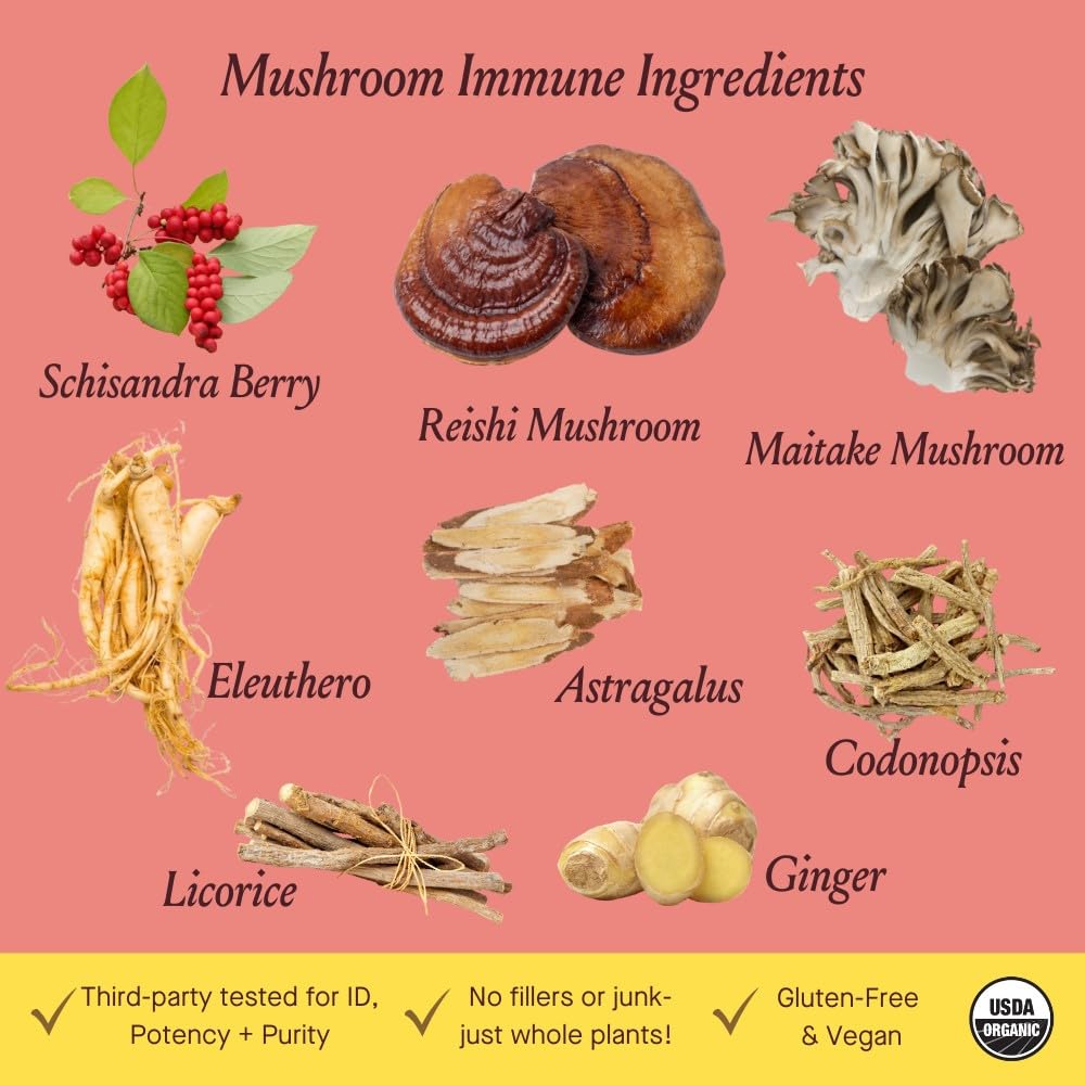 Urban Moonshine Mushroom Immune ingredients chart featuring maitake and codonopsis.