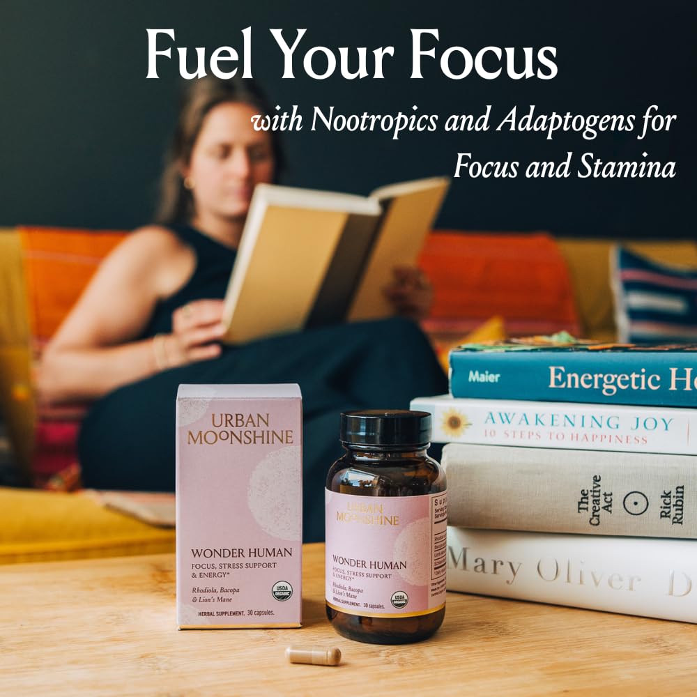 Urban Moonshine Wonder Human bottle features stress-support formula promoting calm focus during busy tasks.