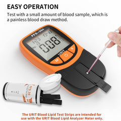 URIT 5 in 1 lipid test strip blood sample setup for quick self-testing.