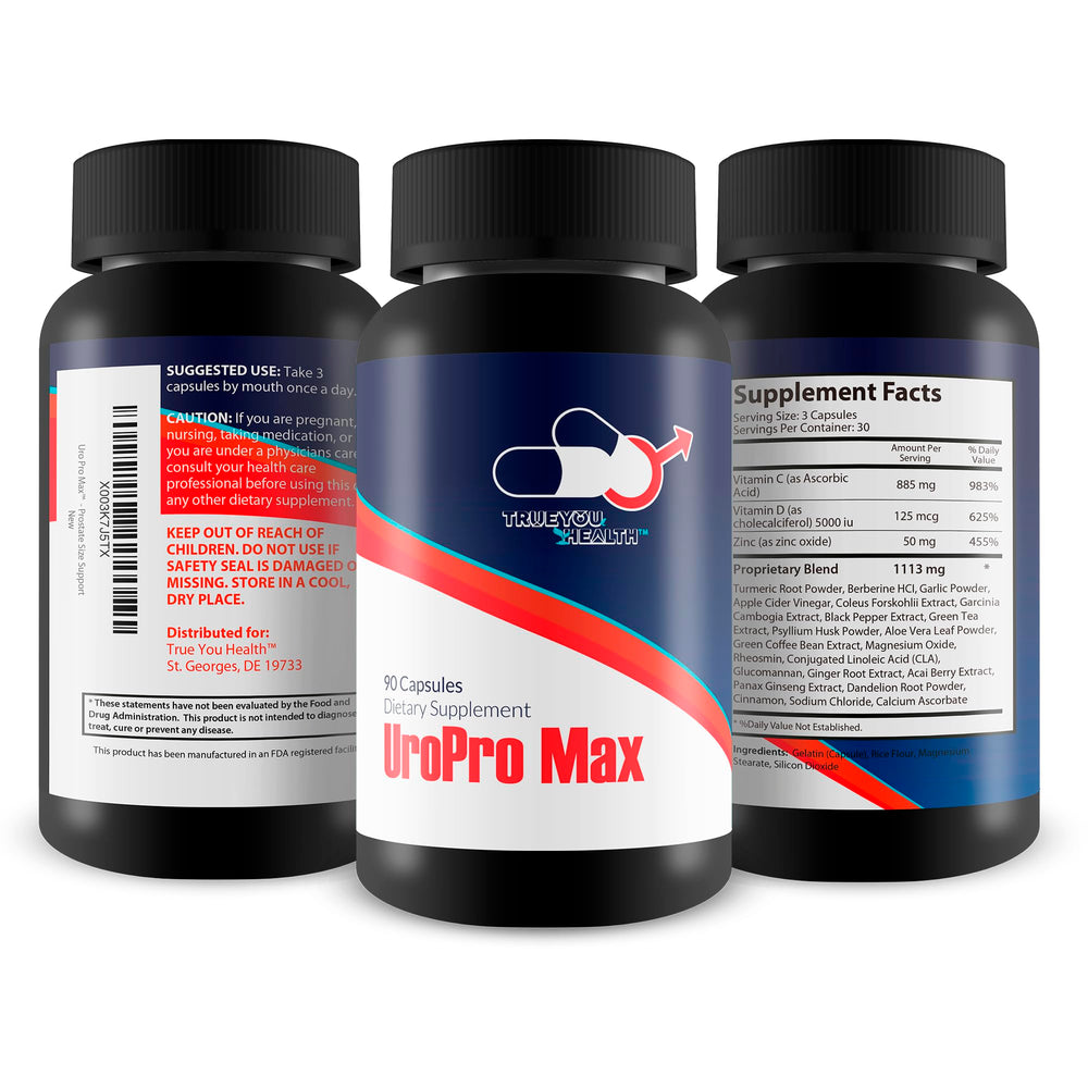 URO Pro Max bottle with glass suggests easy daily use.