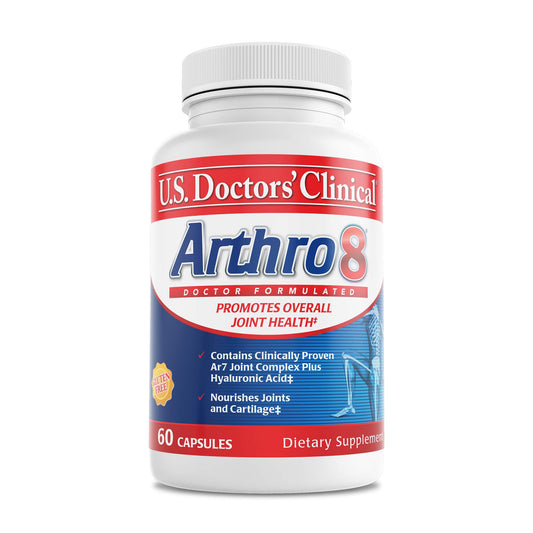 U.S. Doctors’ Clinical Arthro8 bottle with capsules supports joint comfort and daily mobility.
