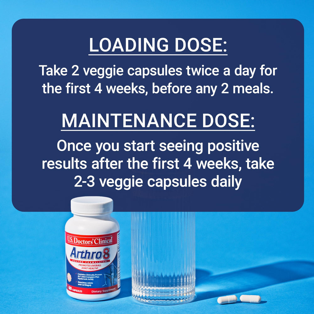 Arthro8 bottle shows 60 capsules and USA manufacturing details.