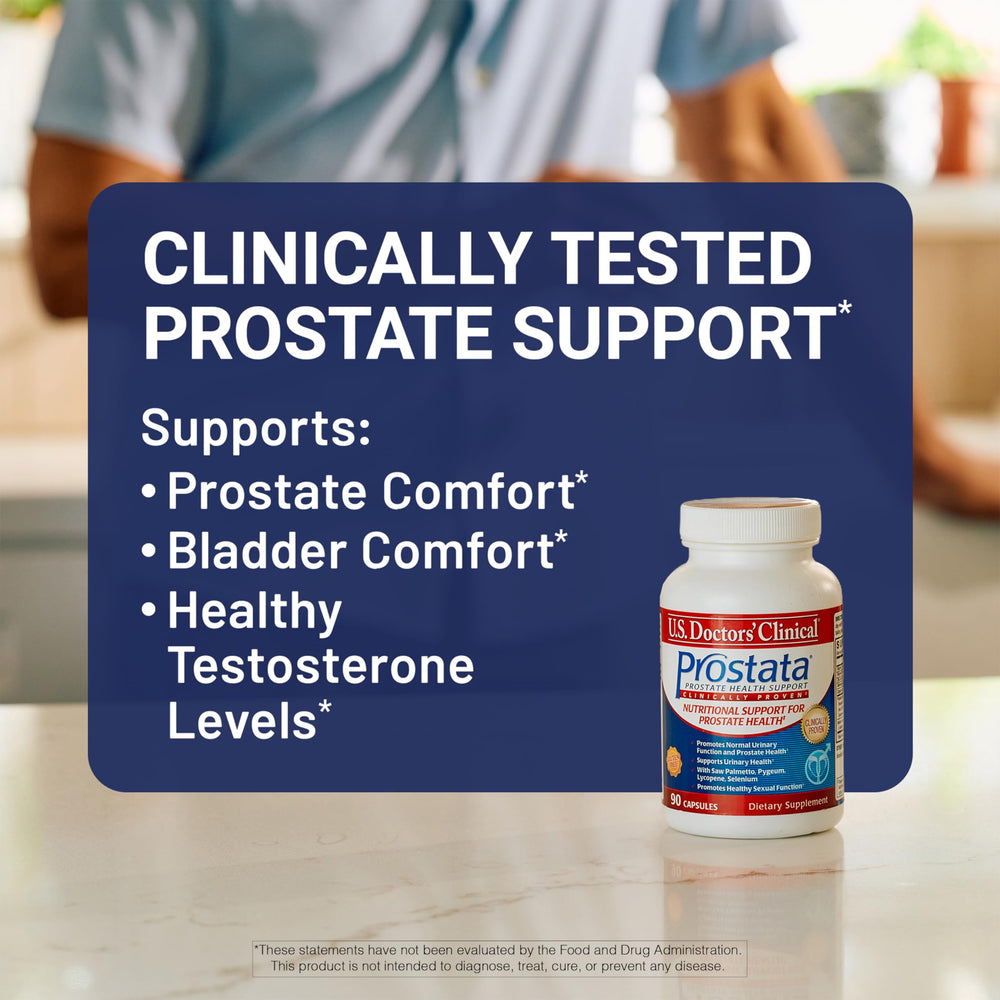 Prostata capsules in bottle shown for daily urinary comfort.