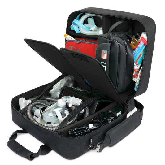 USA Gear XL CPAP travel bag exterior shows rugged ripstop nylon for travel protection.