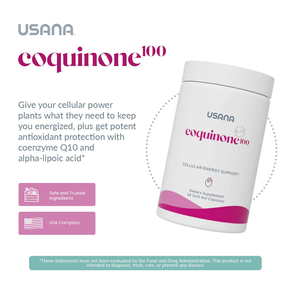 USANA CoQuinone 100 ingredients panel shows CoQ10 and alpha-lipoic acid.