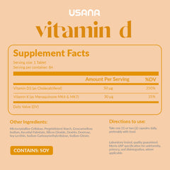 USANA Vitamin D 2000 IU bottle back label showing ingredients and dosage details