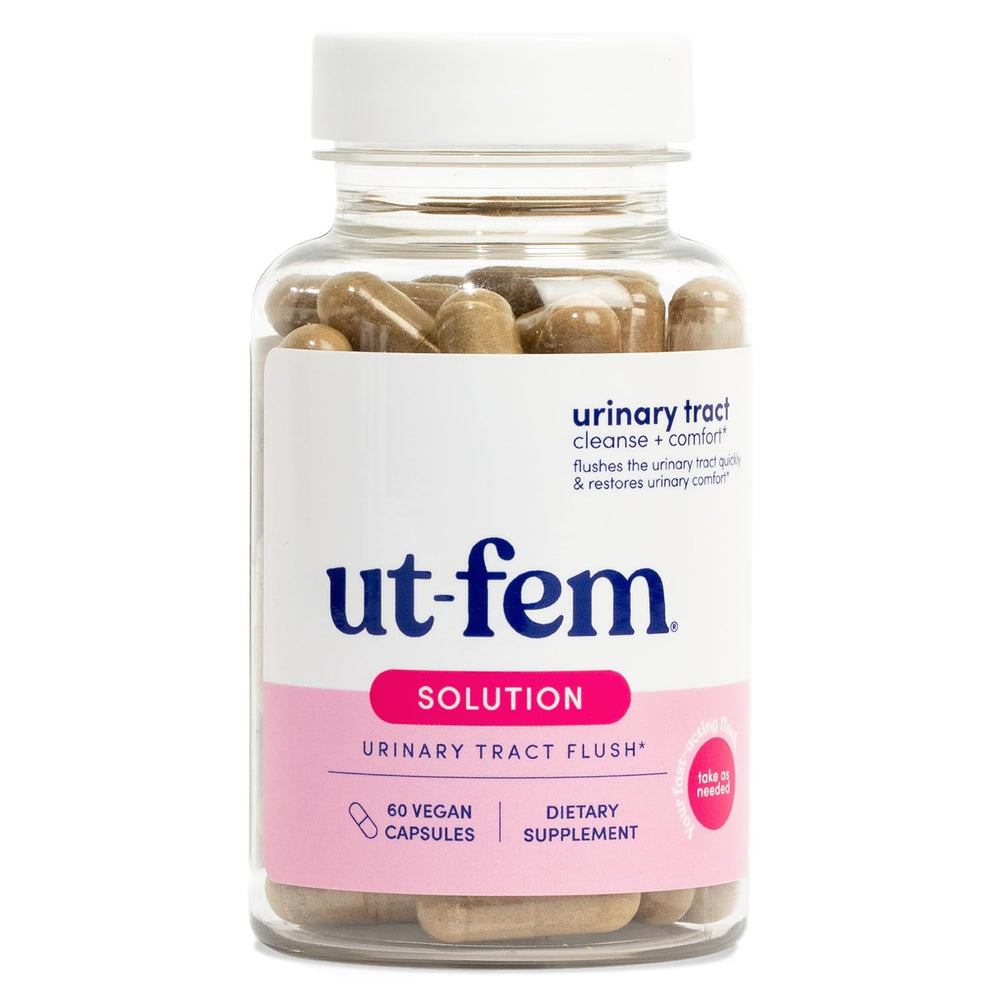 UT-Fem Solution bottle front view with vegan capsules for convenient urinary care.