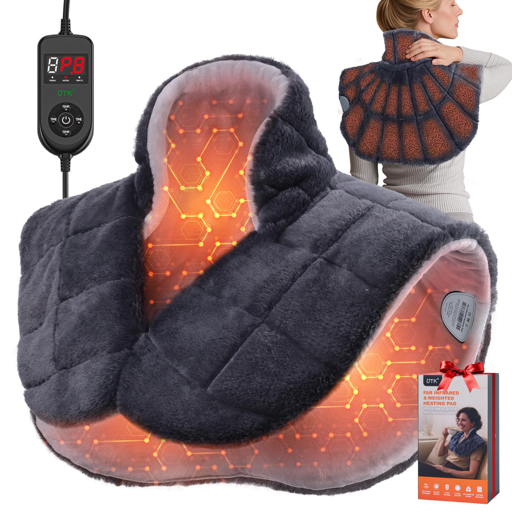 UTK 30s fast heating pad on neck and shoulders providing rapid, comforting warmth