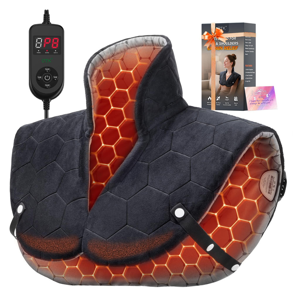 UTK 30s heating pad wrapped around neck and shoulders for instant warmth.