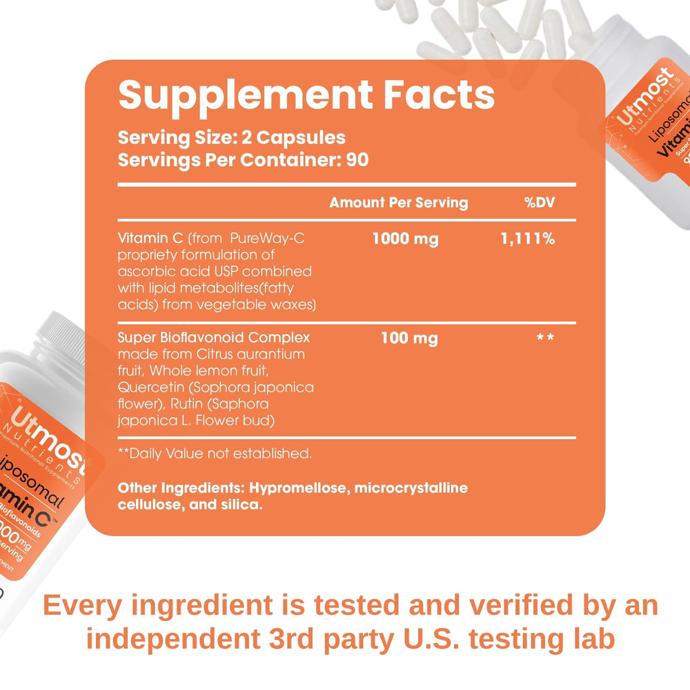 Utmost Nutrients Liposomal Vitamin C capsules ready to swallow.