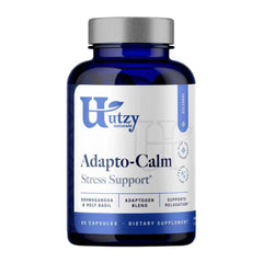 Utzy Naturals Adapto-Calm bottle in glass packaging for daily stress support.
