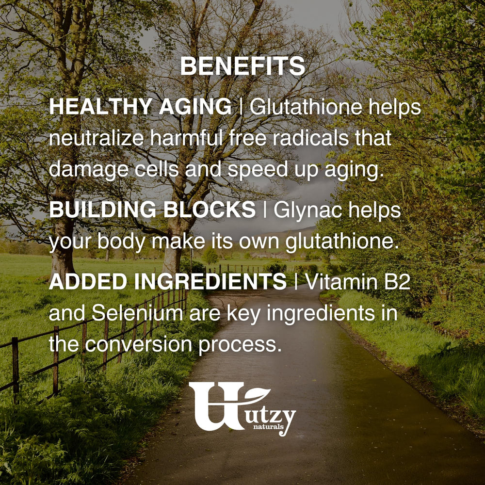 Utzy Naturals GlyNAC+ bottle shows a vegetarian formula free of artificial colors and flavors.