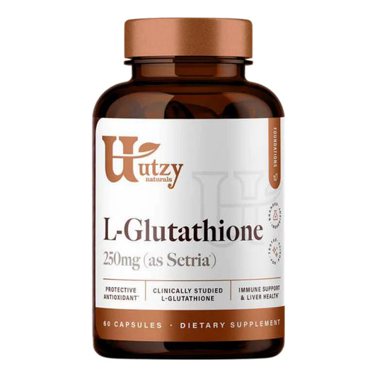 Utzy Naturals L-Glutathione bottle front for immune support and antioxidant balance.
