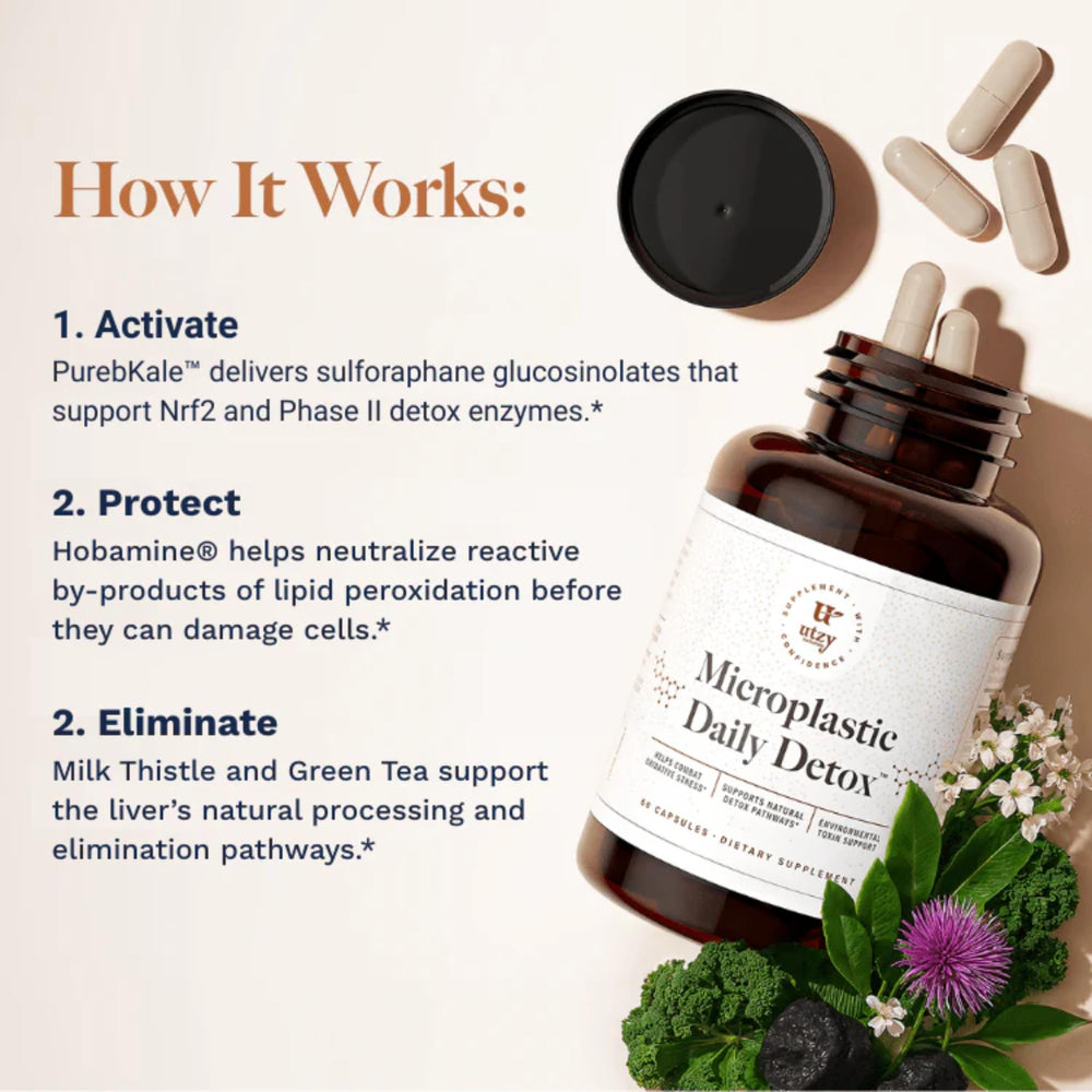 Utzy Naturals Microplastic Daily Detox label with green tea extract highlighting antioxidant enzyme support.