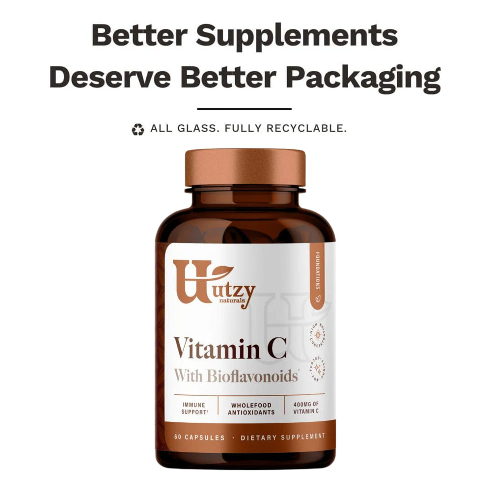 Utzy Naturals Vitamin C Complex guarantee note on bottle emphasizes quality