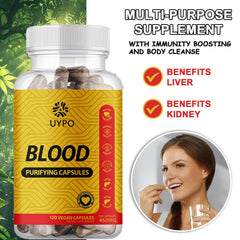 UYPO Blood Purifying Capsules ingredients label close-up with GMO-free claim