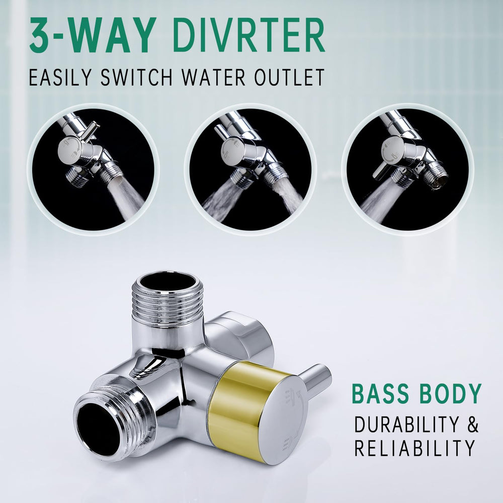 V-Frankness three-way diverter switches between shower head and enema nozzle.