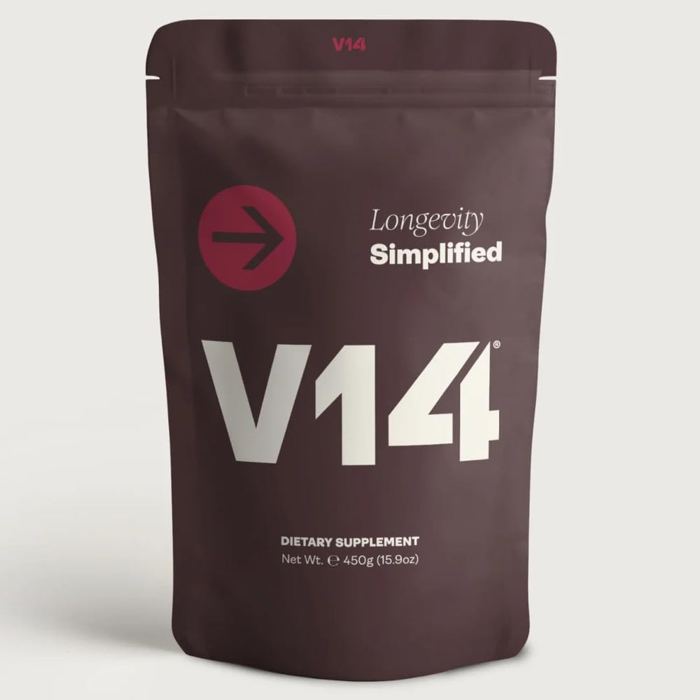 V14 Daily Longevity Reds powder tub highlighting a balanced wellness formula for daily energy.