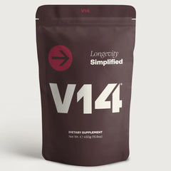 V14 Daily Longevity Reds powder tub highlighting a balanced wellness formula for daily energy.