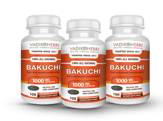 Vadik Herbs Bakuchi bottle pour, highlighting convenient capsules for skin support