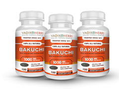 Vadik Herbs Bakuchi bottle pour, highlighting convenient capsules for skin support