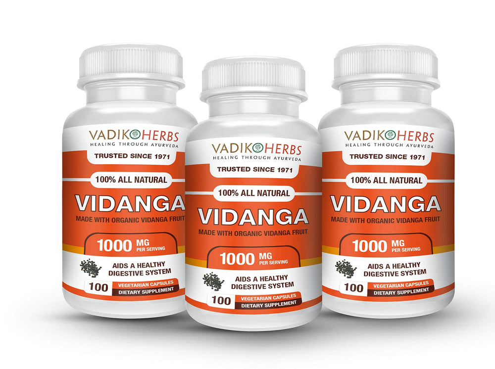 Vadik Herbs Vidanga powder bottle—organic formulation for daily skin support and digestive wellness