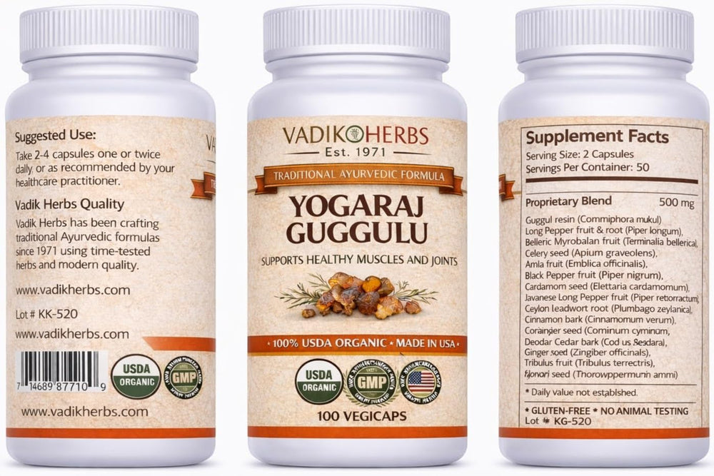 Vadik Herbs Yogaraj Guggulu bottle back with label and quality details