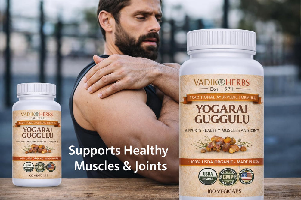 Close-up of Vadik Herbs Yogaraj Guggulu capsules highlighting 1000mg per serving